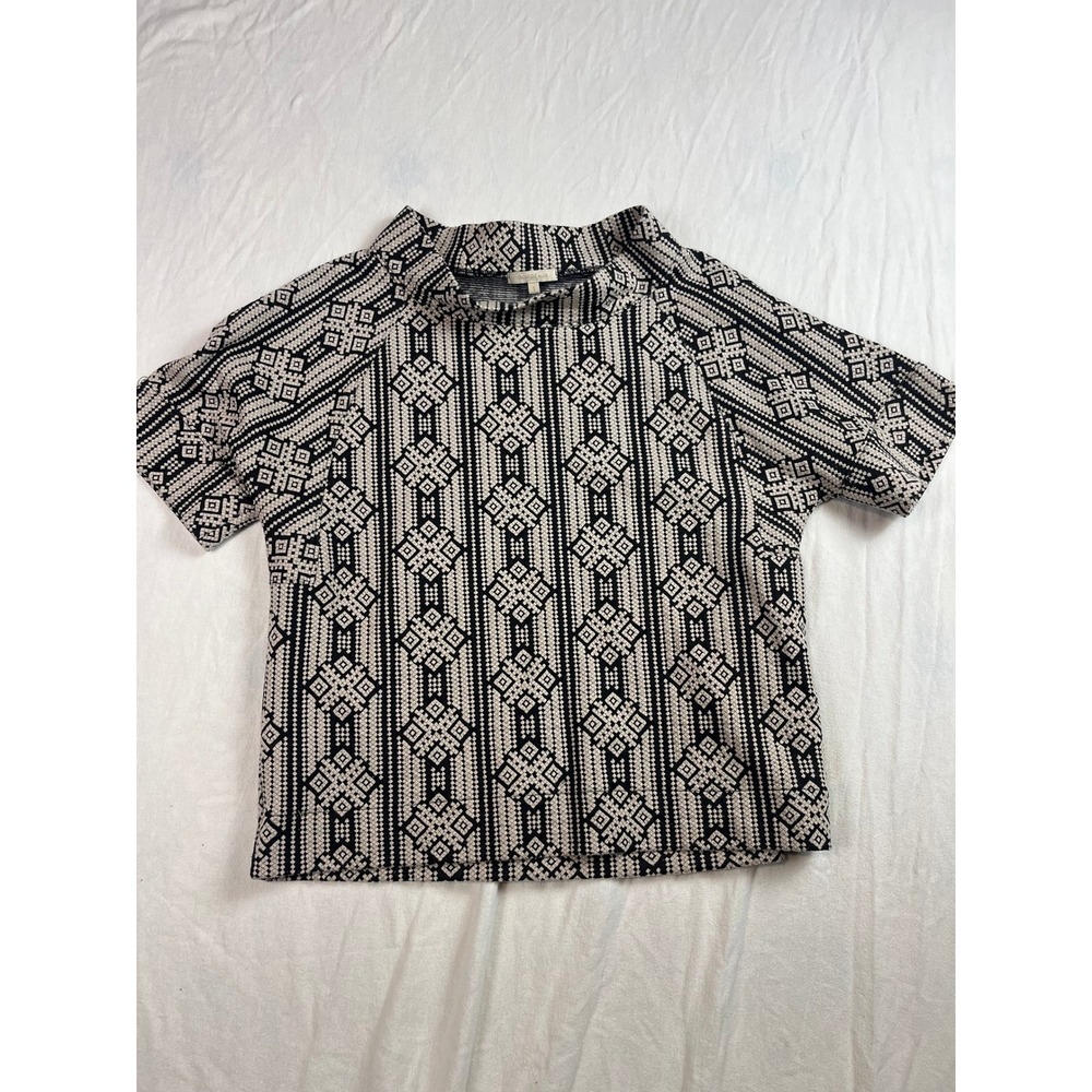 Bordeaux Anthropologie Geometric Jacquard Mock Neck Top Black Cream Small
